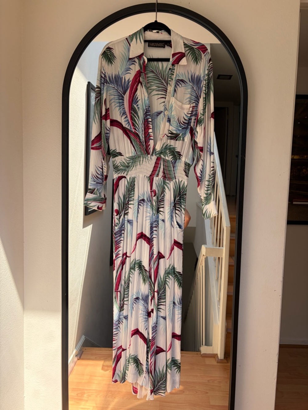 Karen Kane Vintage White Maxi Dress with Green & Maroon Palm Print from 80s